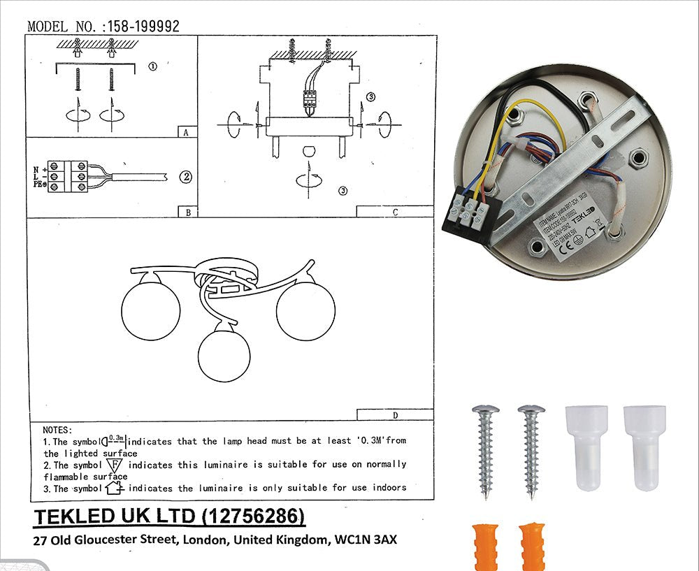 User manual and box content of chrome metal clear glass ceiling light with 3xg9 fitting