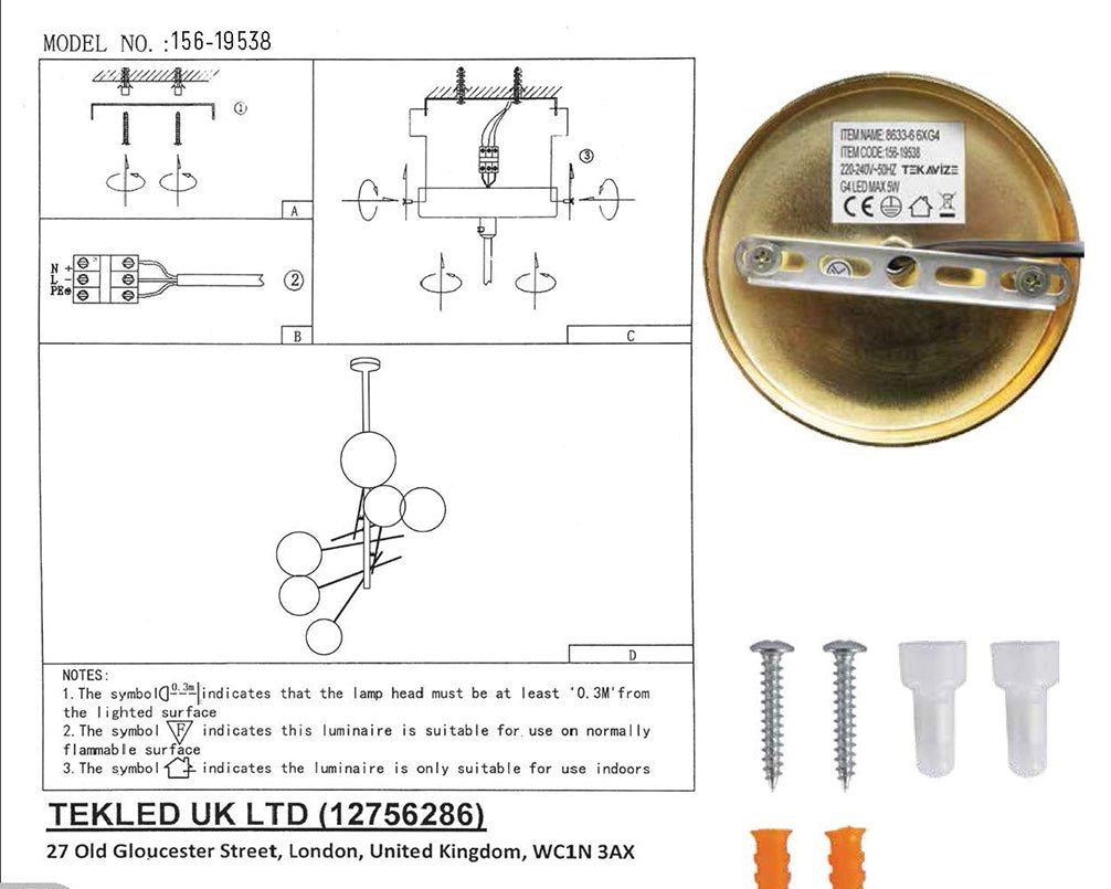 User manual and box content of golden antique brass metal clear glass globe chandelier with g4 fitting