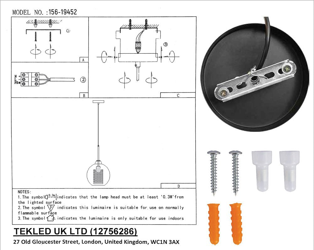 User manual and box content of golden metal clear glass globe pendant light with e27 fitting