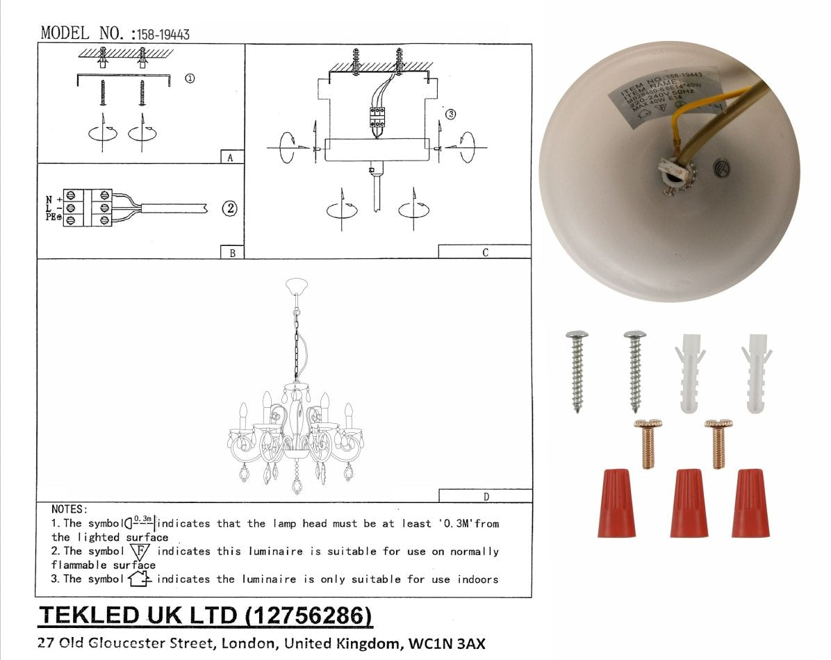 User manual for Amber Crystal Gold and White Metal 6 Arm Chandelier with E14 Fitting | TEKLED 158-19443