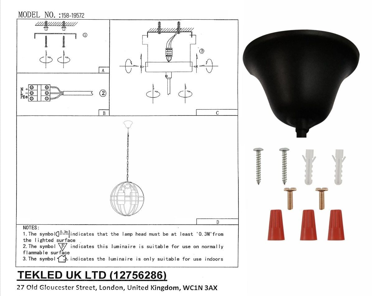 User manual for Amber Cylinder Glass Black Cage Metal Chandelier with 4xE27 Fitting | TEKLED 158-19572