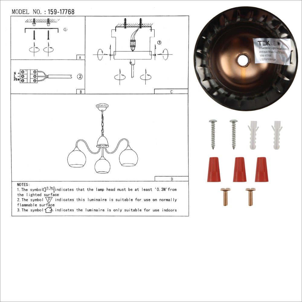 User manual for Amber Dome Glass Antique Brass Swan Chandelier Ceiling Light | TEKLED 159-17768