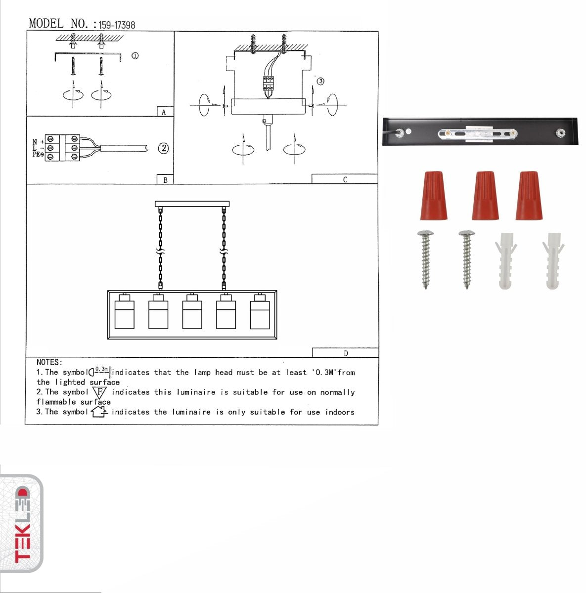 User manual for Amber Glass Black Metal Body Island Chandelier with 5xE27 Fitting | TEKLED 159-17398