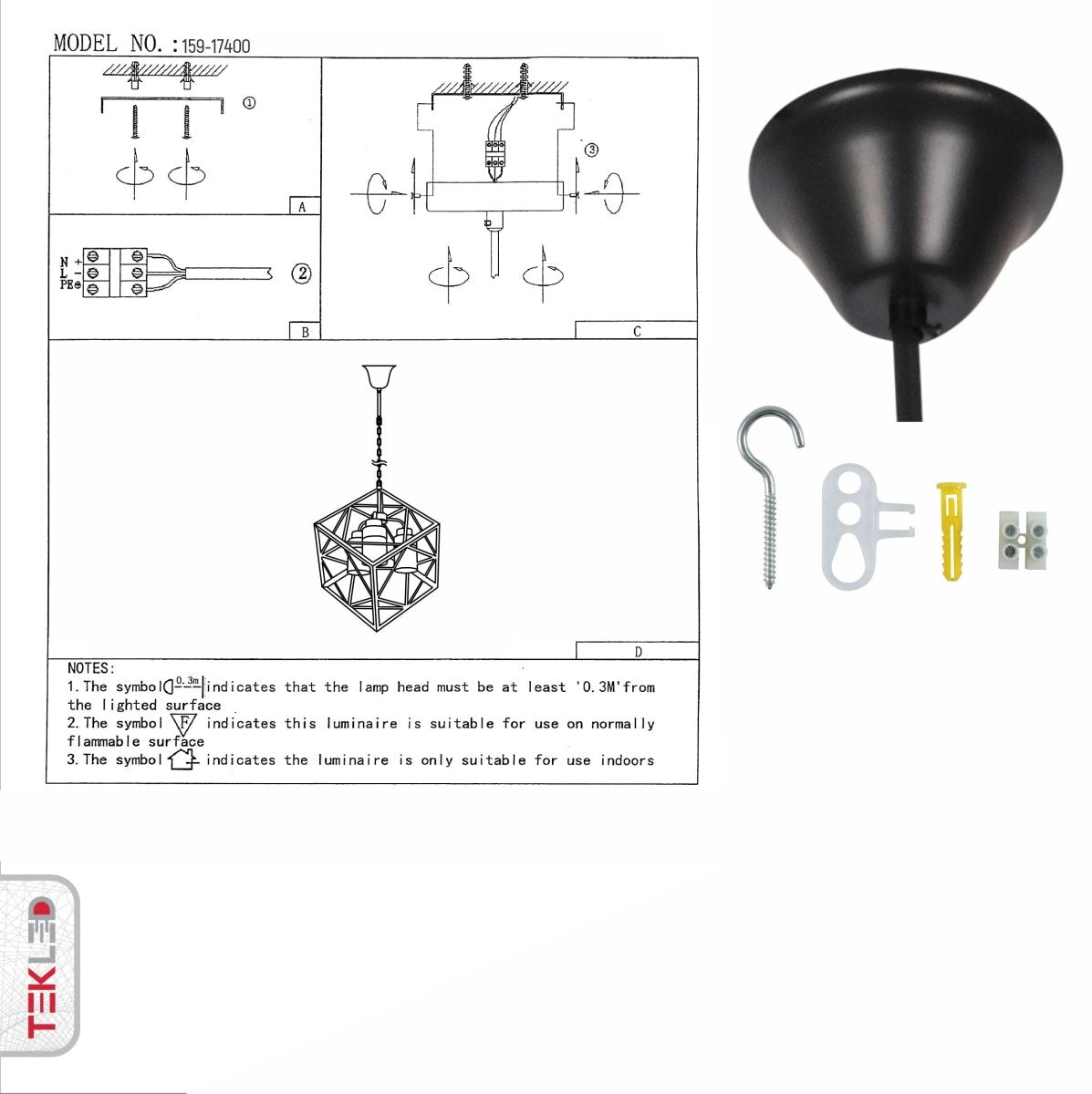 User manual for Amber Glass Black Metal Cube Body Chandelier with 3xE27 Fitting | TEKLED 159-17400