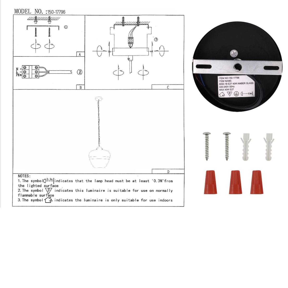 User manual for Amber Glass Black Stripe Schoolhouse Pendant Ceiling Light with E27 | TEKLED 150-17796