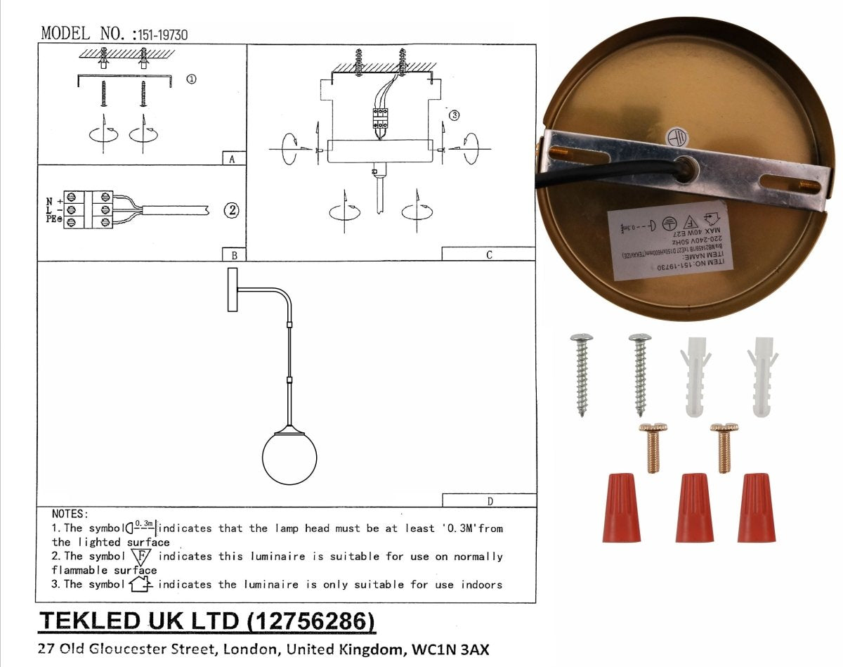 User manual for Amber Glass Gold Metal Pendant Wall Light with E27 Fitting | TEKLED 151-19730