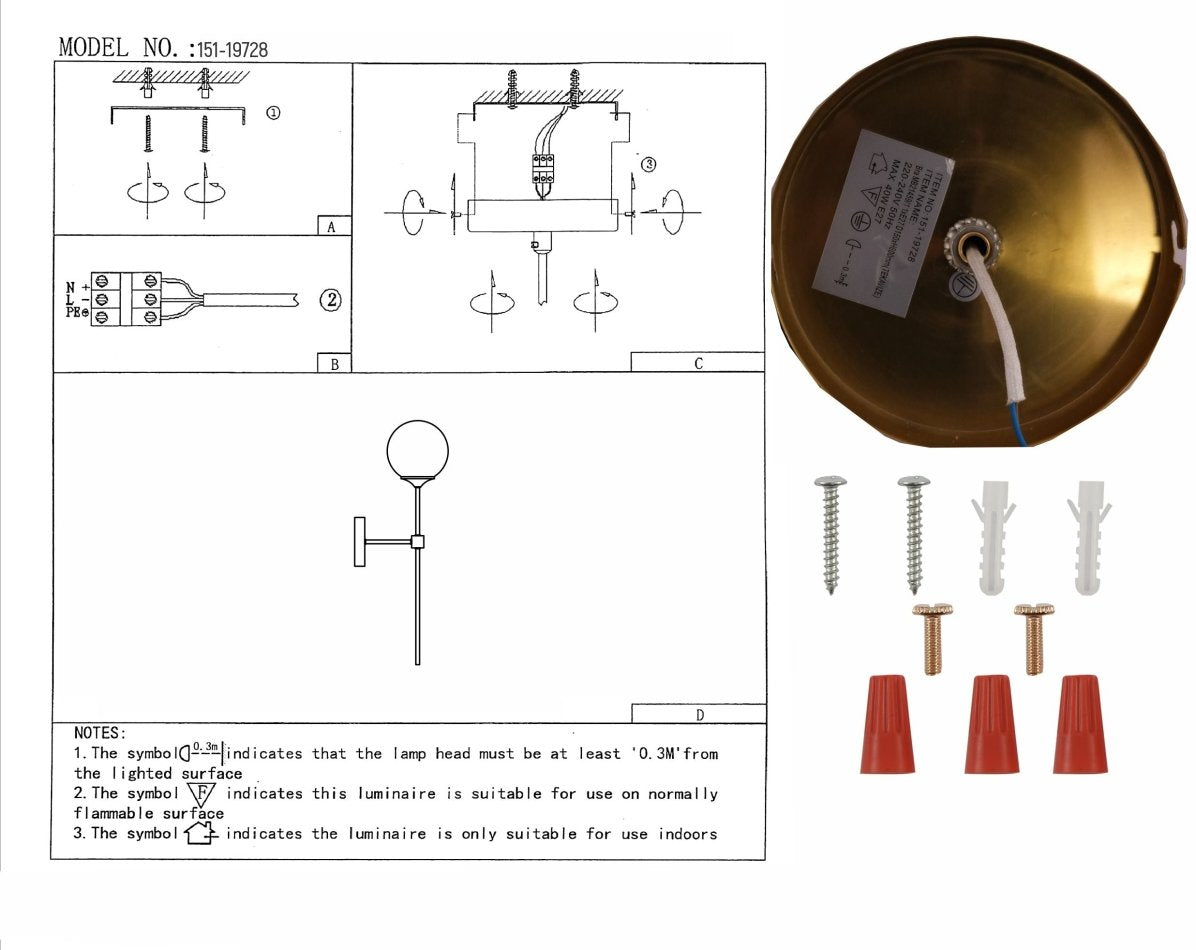 User manual for Amber Glass Gold Metal Wall Light L with E27 Fitting | TEKLED 151-19728