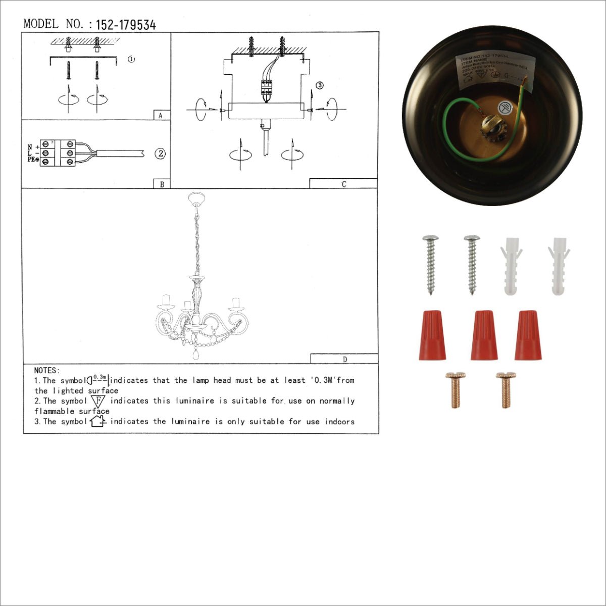 User manual for Antique Brass Finishing Metal Body French Candle Vintage Crystal Ceiling Light with E14 | TEKLED 152-179534