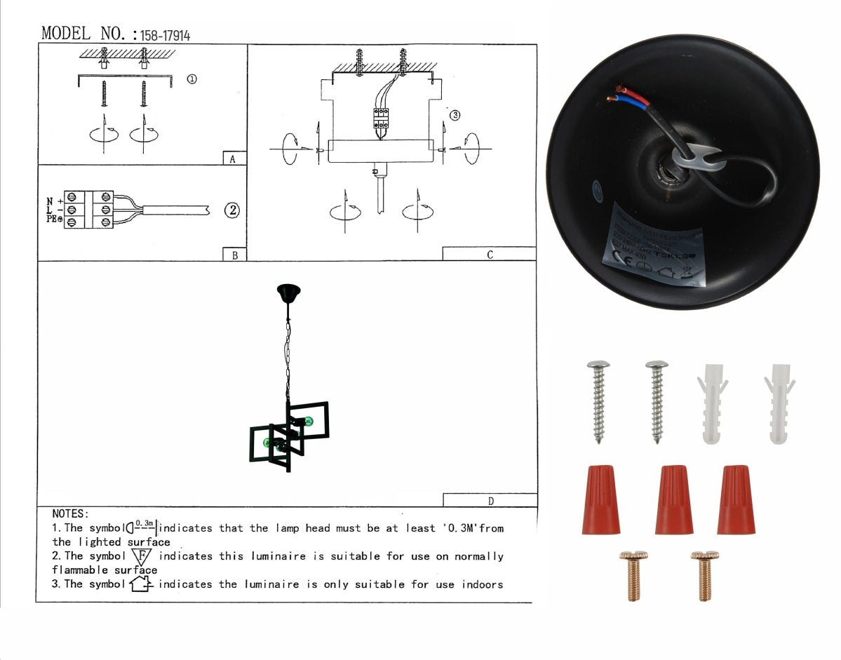 User manual for Black 4 Rectangle Pendant Light L375 with 4xE27 Fitting | TEKLED 158-17914