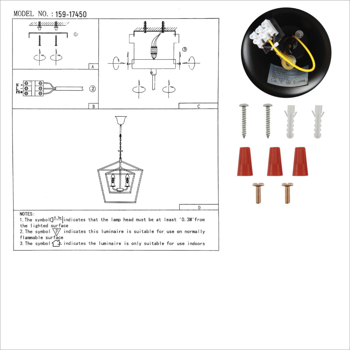 User manual for Black and Gold Candle Farmhouse Vintage Pendant Ceiling Light with 4xE27 Fitting | TEKLED 159-17450