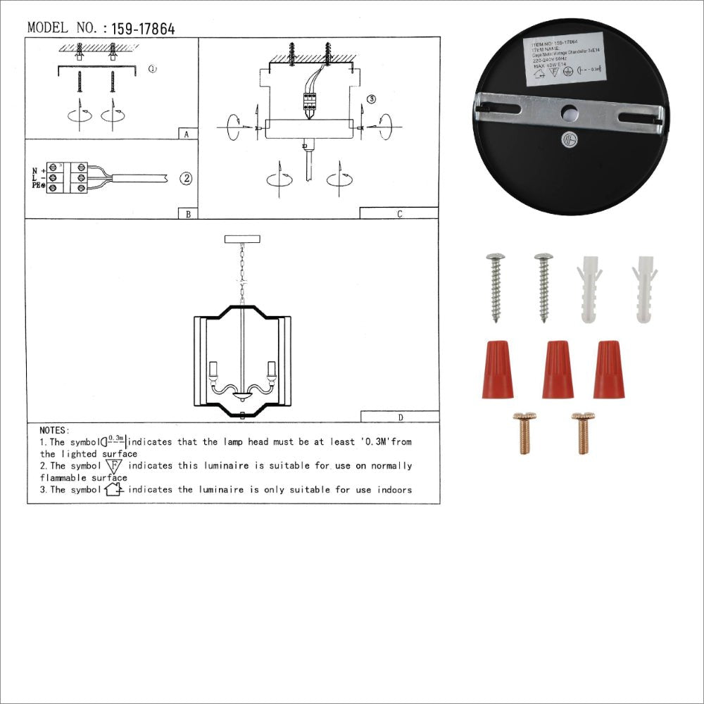 User manual for Black Cage Candle Lantern Rustic Nautical Nordic Chandelier Ceiling Light with 3xE14 Fittings | TEKLED 159-17864