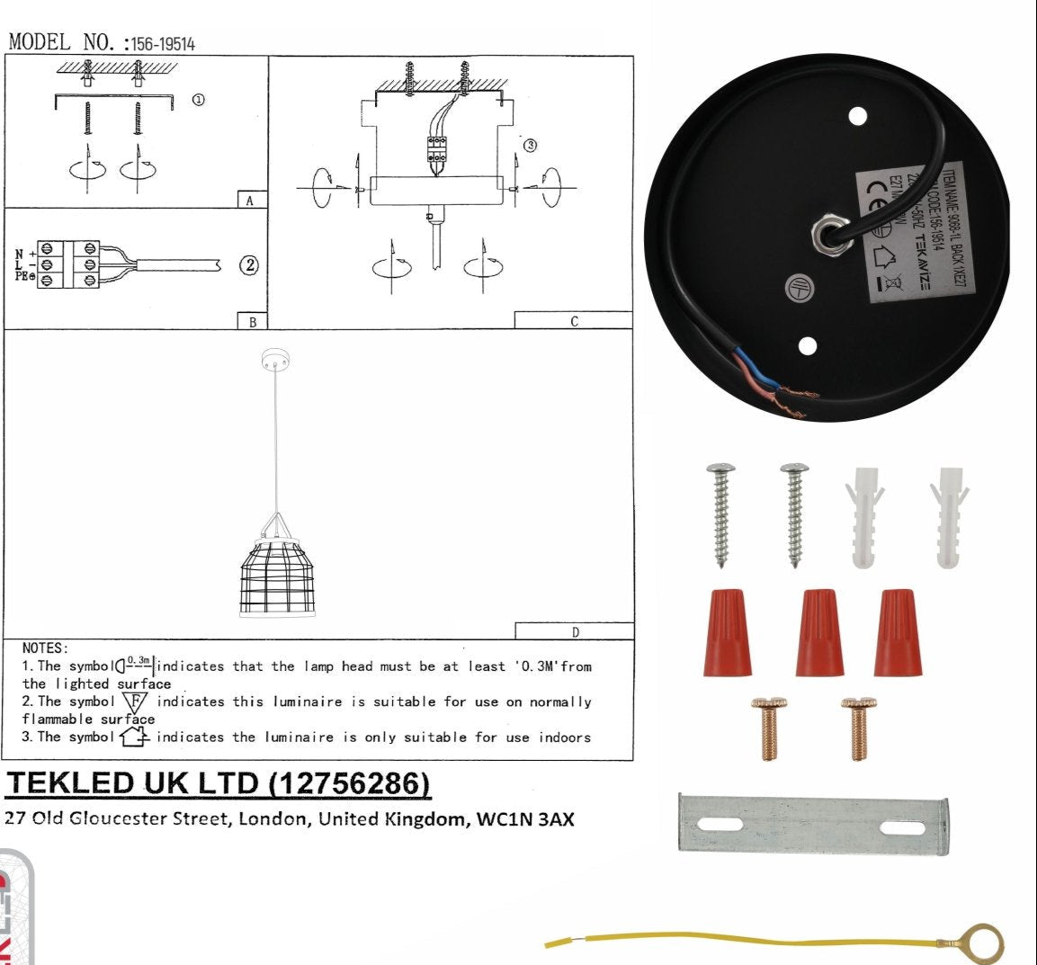 User manual for Black Cage Metal Pendant Light with E27 Fitting | TEKLED 156-19514