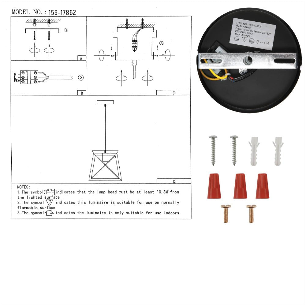 User manual for Black Gold Caged Industrial Retro Square Pendant Ceiling Light with E27 | TEKLED 159-17862