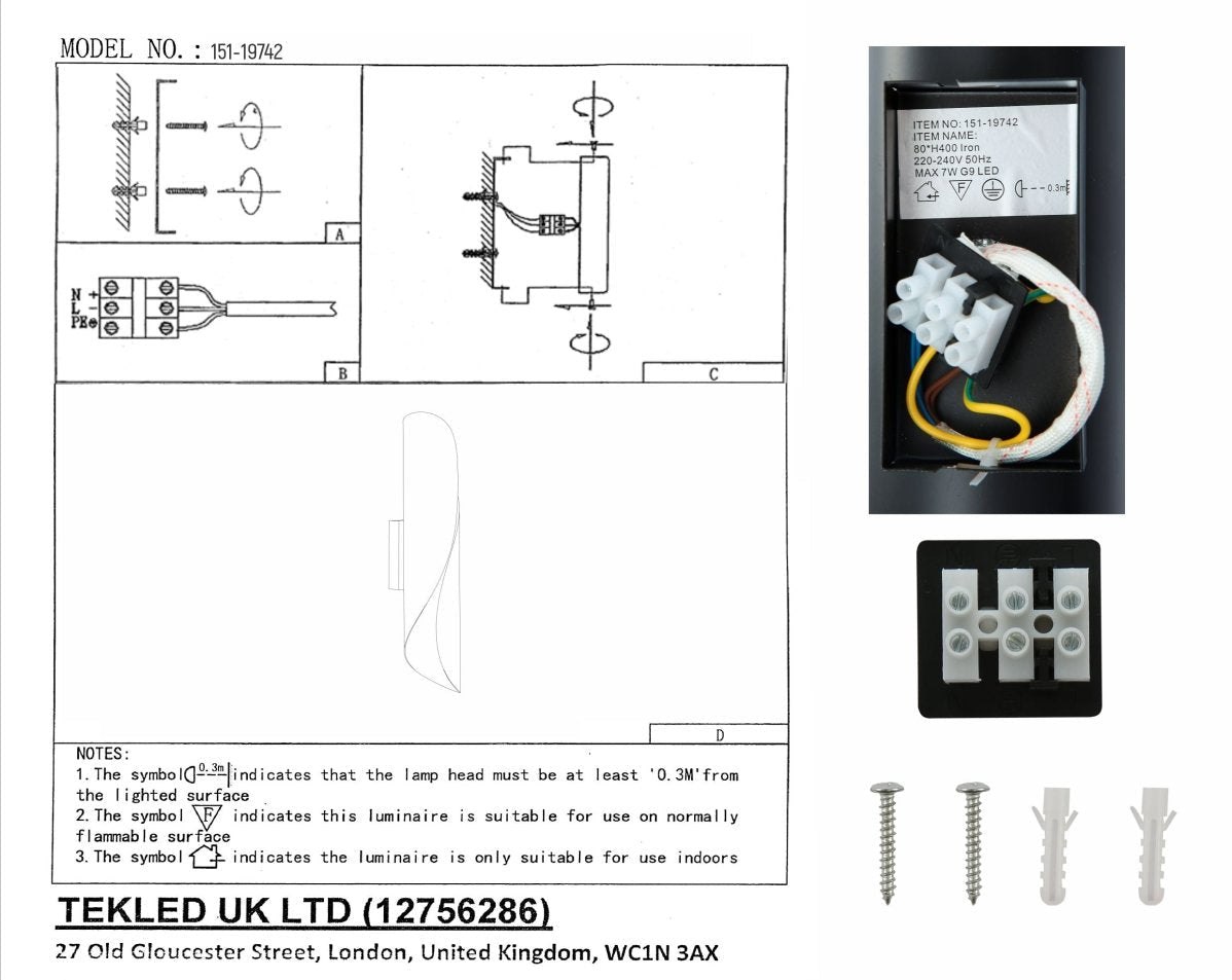 User manual for Black Gold Metal Cylinder Wall Light with 2xG9 Fitting | TEKLED 151-19742