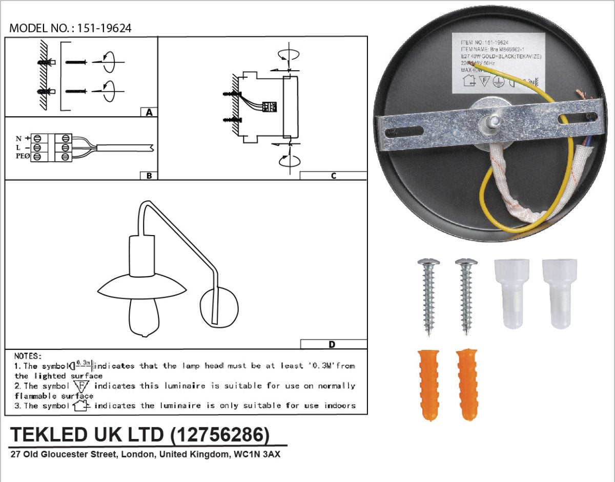 User manual for Black Gold Metal Flat Wall Light with E27 Fitting | TEKLED 151-19624