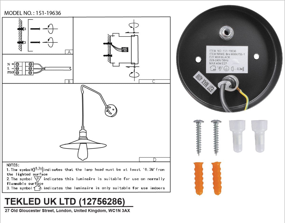 User manual for Black Gold Metal Suspended Wall Light with E27 Fitting | TEKLED 151-19636