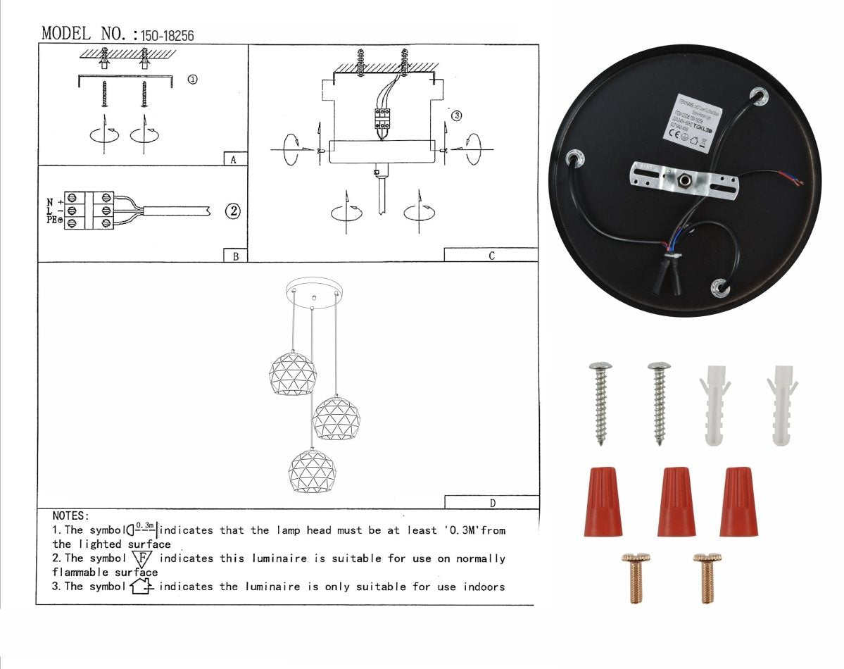 User manual for Black Metal Laser Cut Globe Pendant Light with 3xE27 Fitting | TEKLED 150-18256