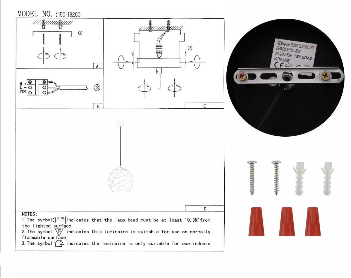 User manual for Black Metal Laser Cut Globe Pendant Light Large with E27 Fitting | TEKLED 150-18260