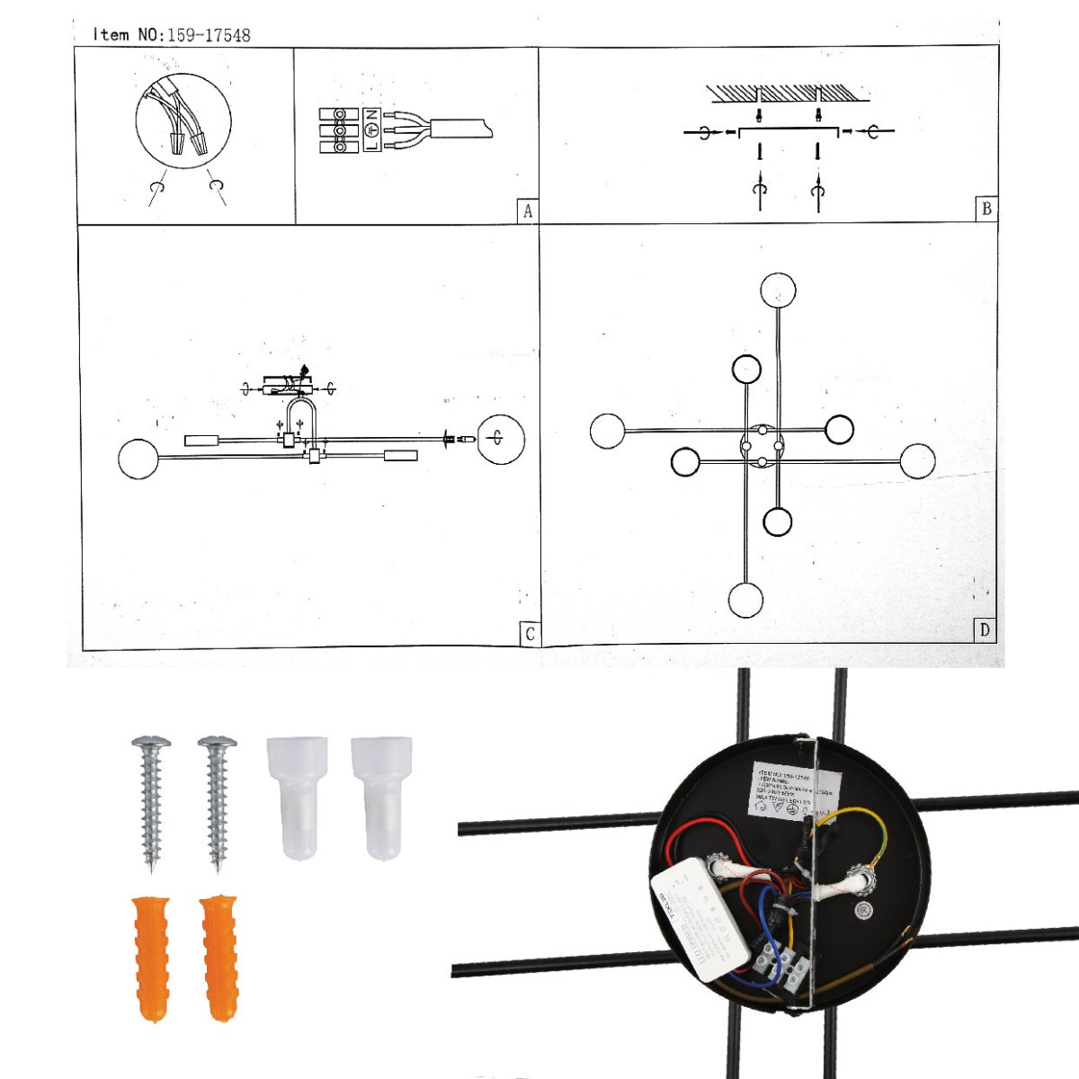 User manual for Contemporary Hybrid Sputnik Modern Chandelier with 20W Built-in LED and 4xG9 Opal Globes Gold Black Finishing  | TEKLED 159-17548