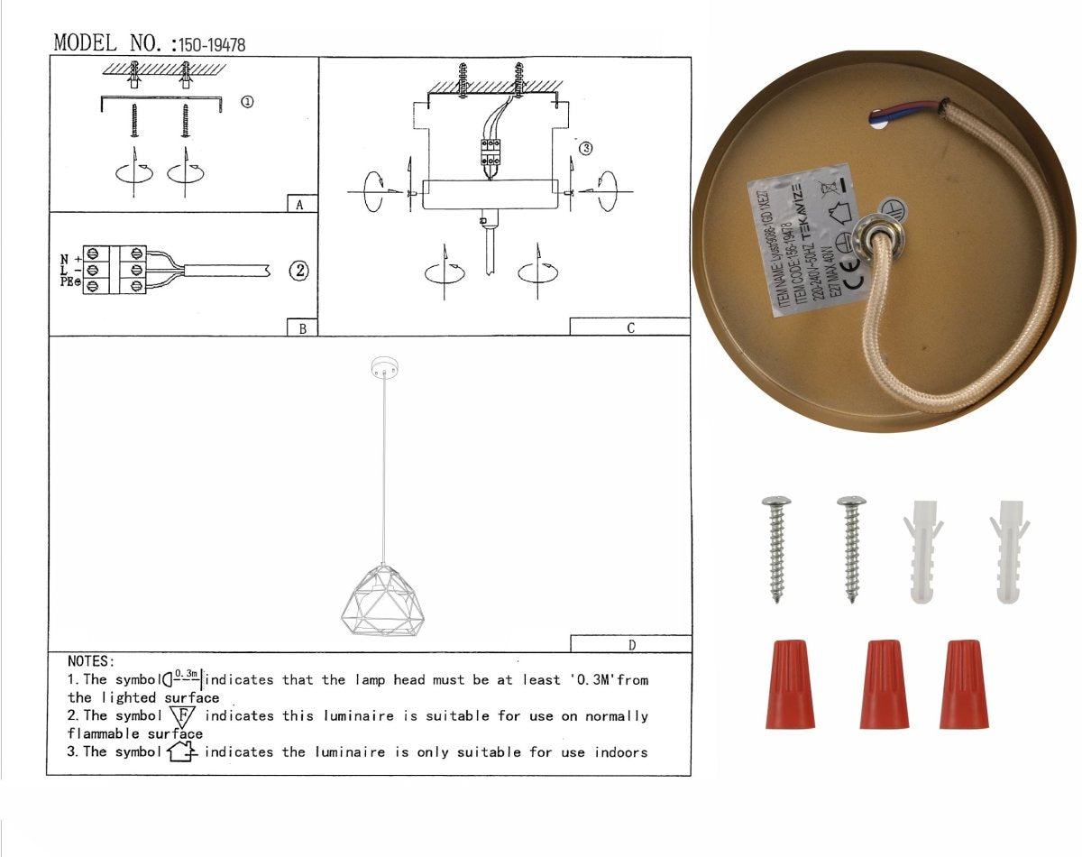 User manual for Copper Glass Dome Gold Metal Cage Pendant Light with E27 Fitting | TEKLED 156-19478