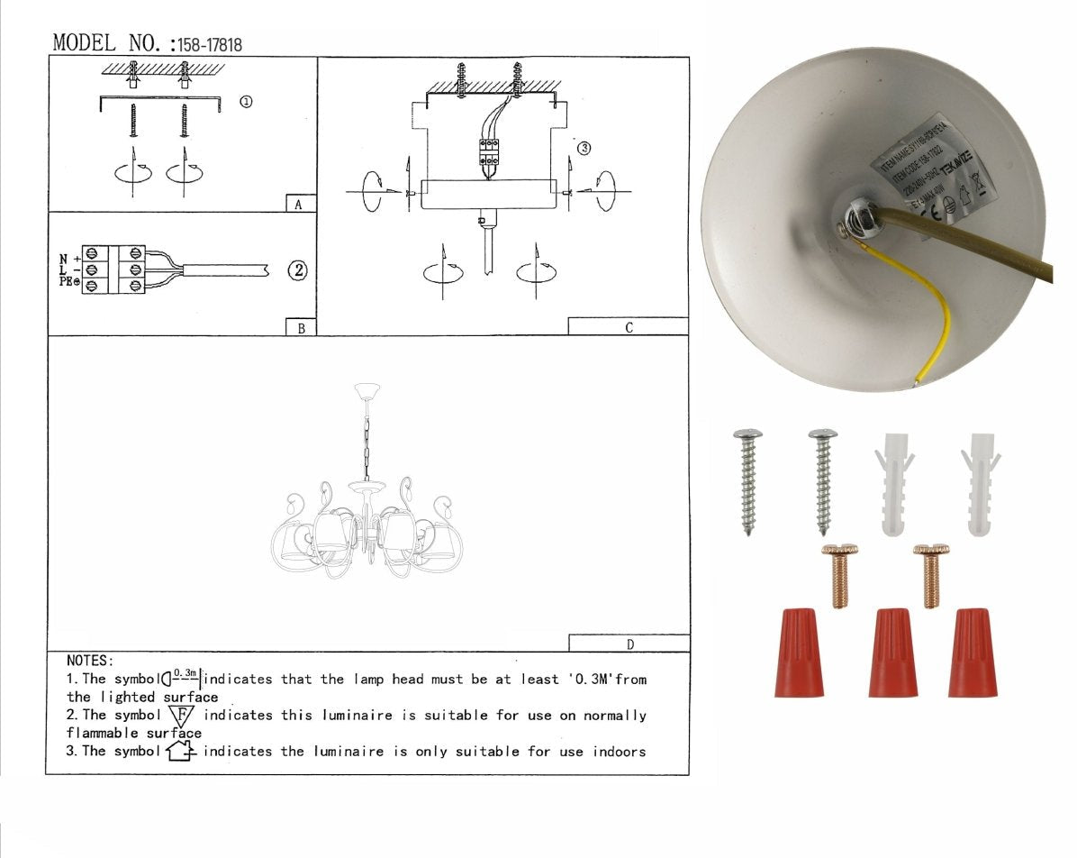 User manual for Creamy White Shade Rice White Gold Brushed 6 Arm Chandelier with 6xE14 Fitting | TEKLED 158-17822