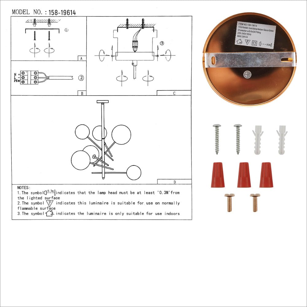 User manual for Gold Metal Clear Glass Globe Chandelier Ceiling Light with 6xG4 Fittings | TEKLED 158-19614