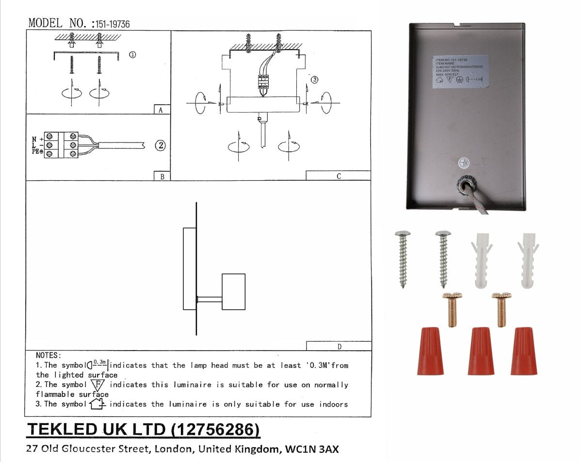 User manual for Gold Metal Wall Light with E27 Fitting | TEKLED 151-19736