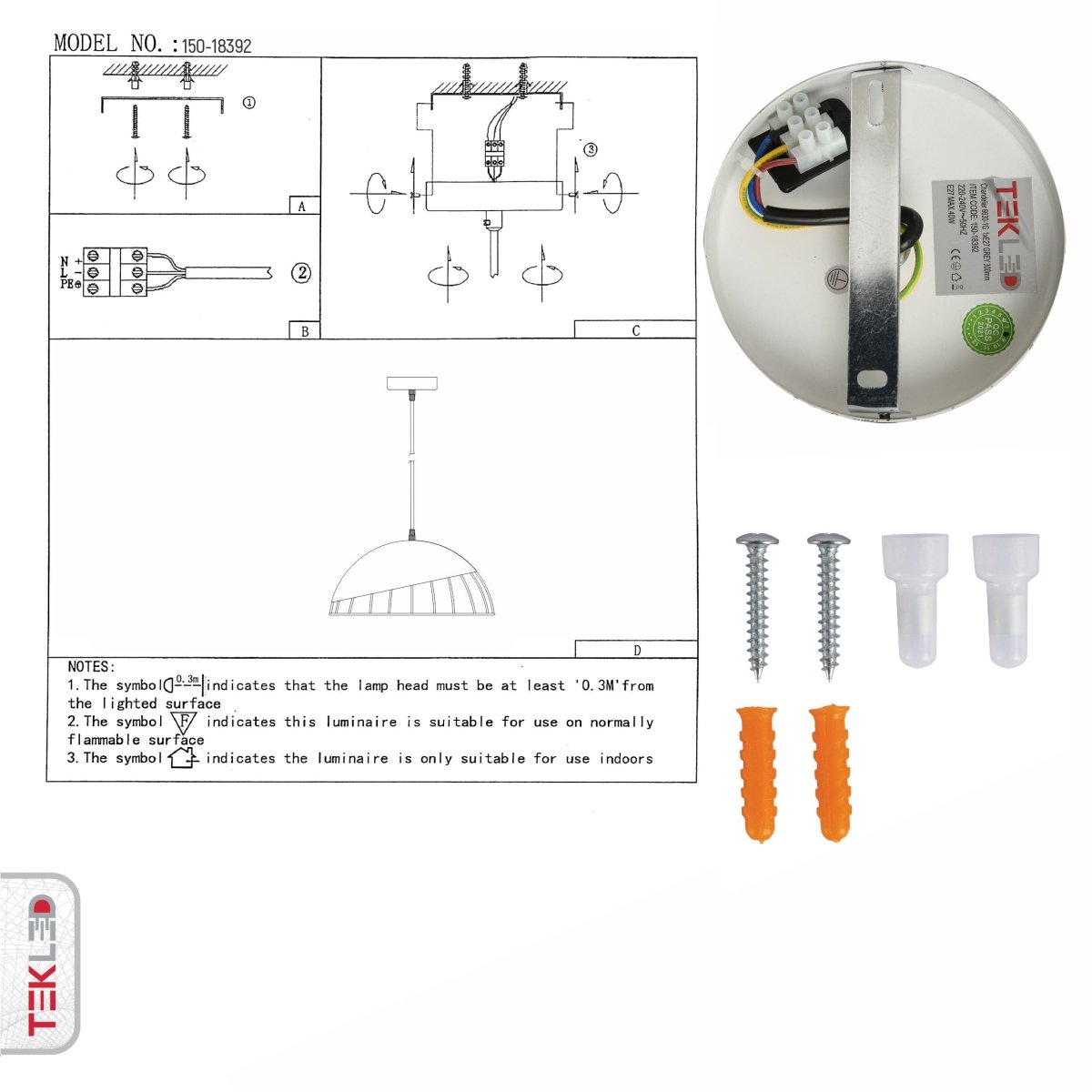 User manual for Grey White Caged Dome Nordic Metal Ceiling Pendant Light with E27 Fitting | TEKLED 150-18392