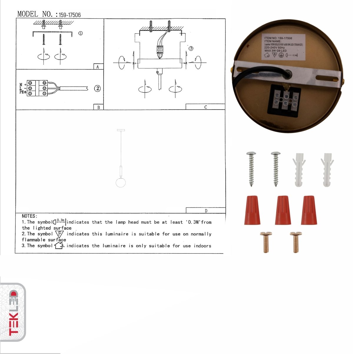 User manual for Half Opal Half Smoky Globe Gold Pendant Light with G9 Fitting | TEKLED 159-17506