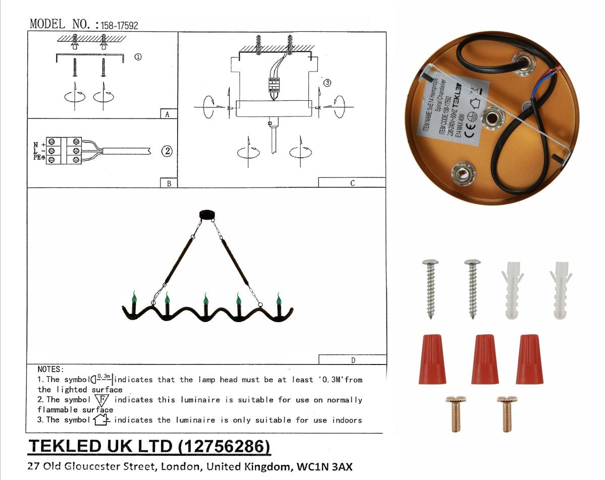 User manual for Hemp Rope Spiral Island Chandelier with 5xE14 Fitting | TEKLED 158-17592