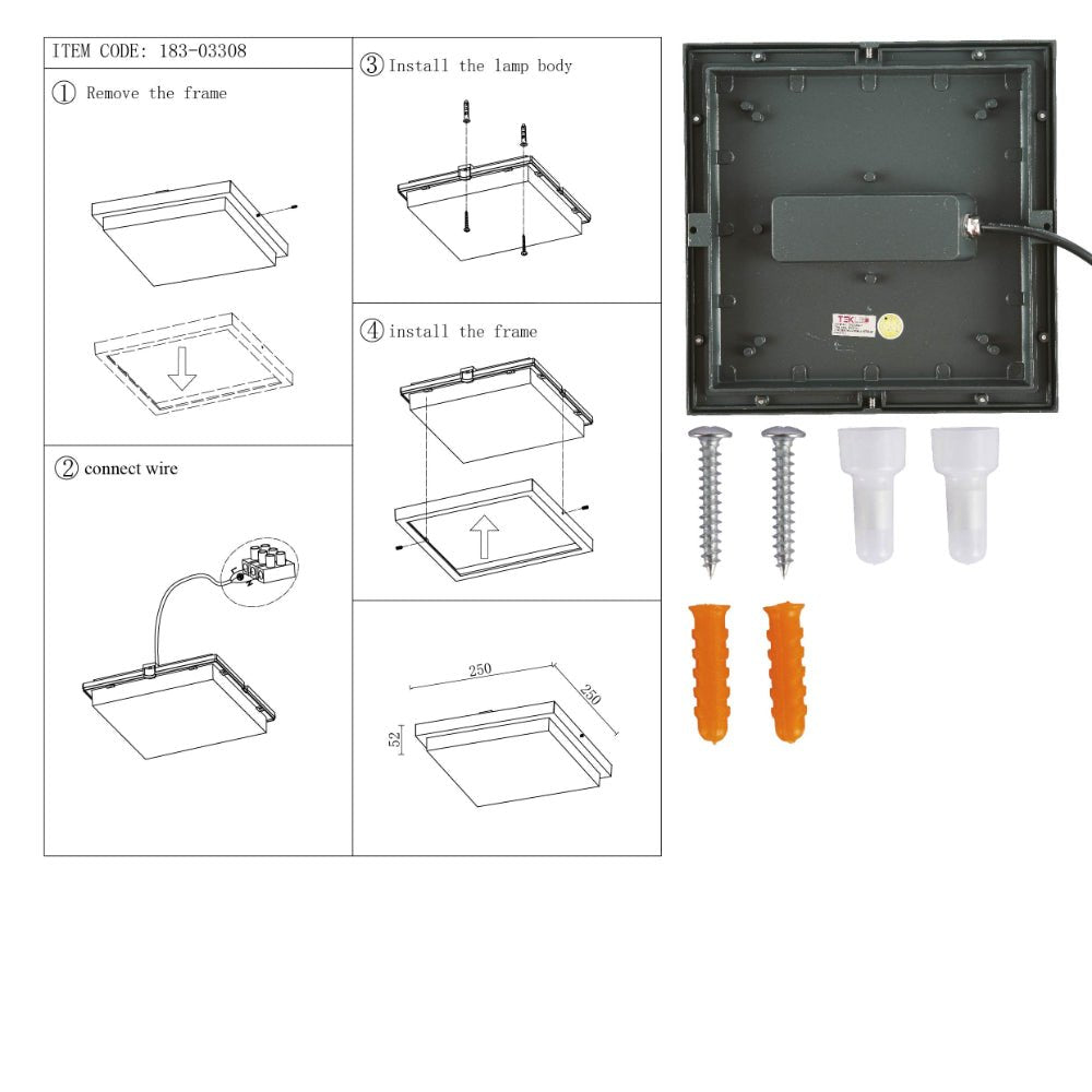 User manual for LED Diecast Aluminium Modern Square Wall Lamp 20W Cool White 4000K IP54 Anthracite Grey 250mm | TEKLED 183-03308