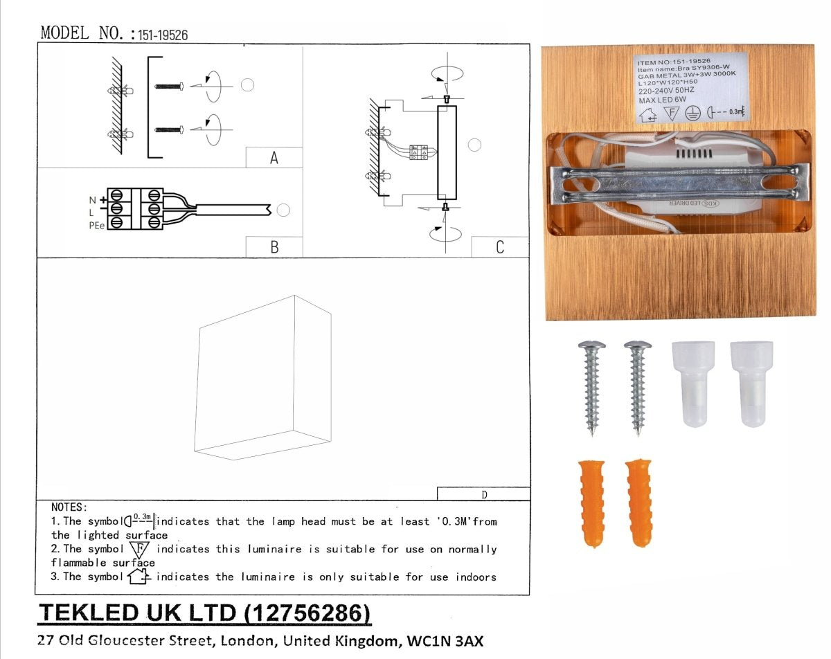 User manual for LED Gold Aluminium Bronze Metal Wall Light 6W Warm White 3000K | TEKLED 151-19526