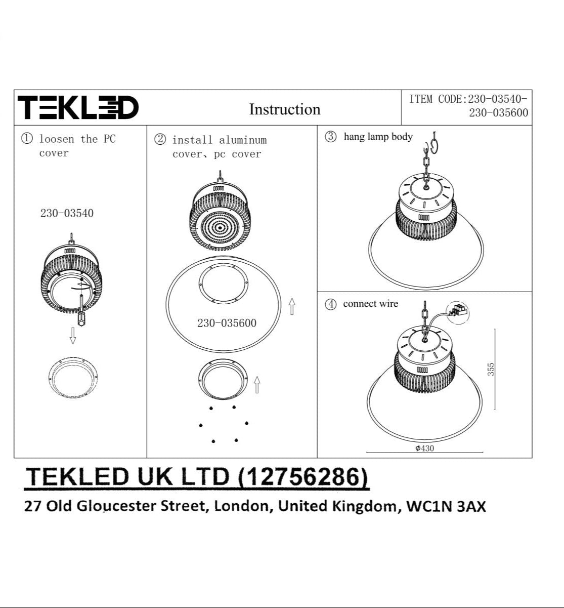 User manual for LED Radiator Highbay 100W Cool White 4000K IP20 | TEKLED 230-03540