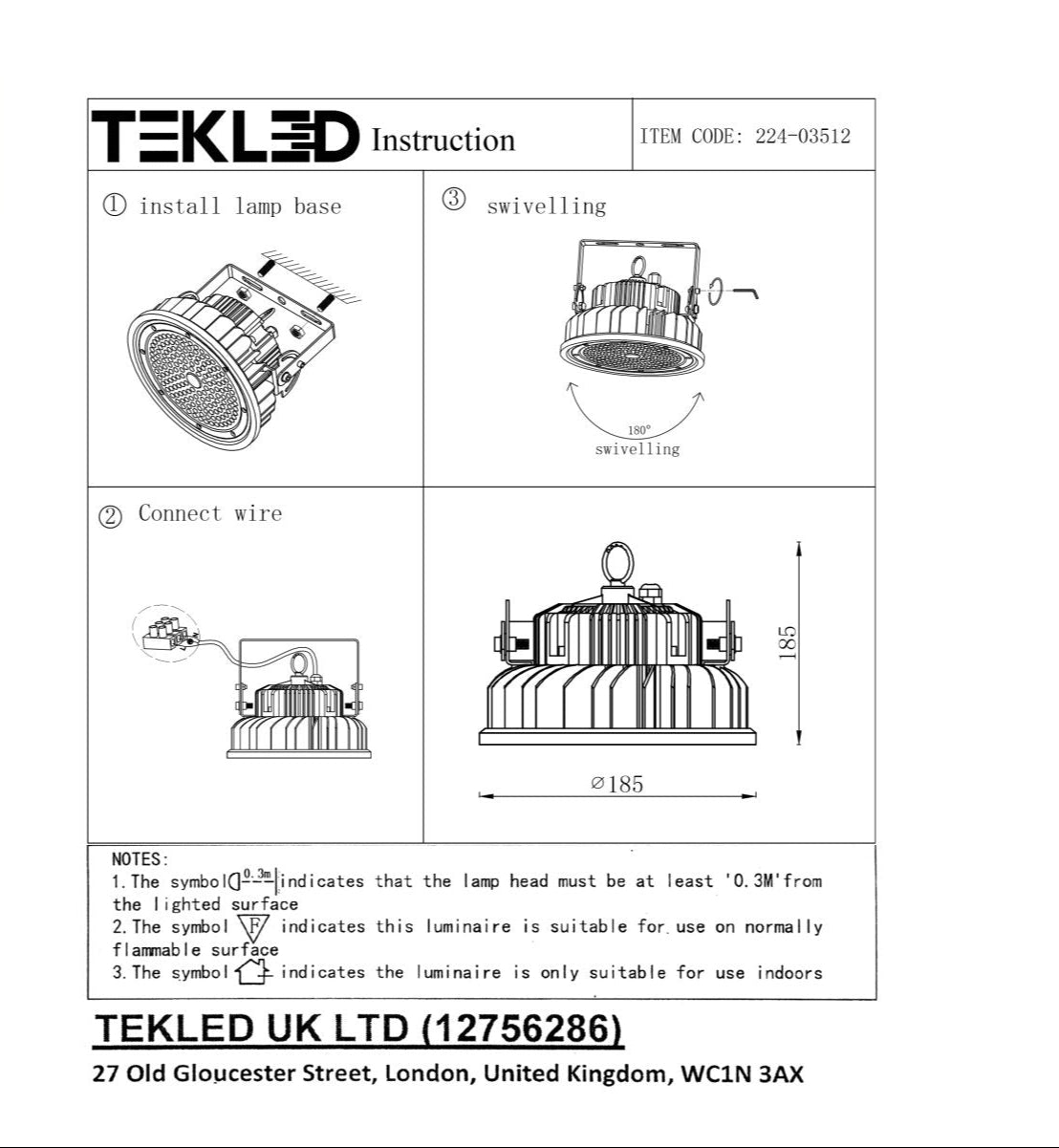 User manual for LED UFO Cold Forged Heatsink Highbay Light 100W Cool White 4000K Sand Black IP65 | TEKLED 224-03512