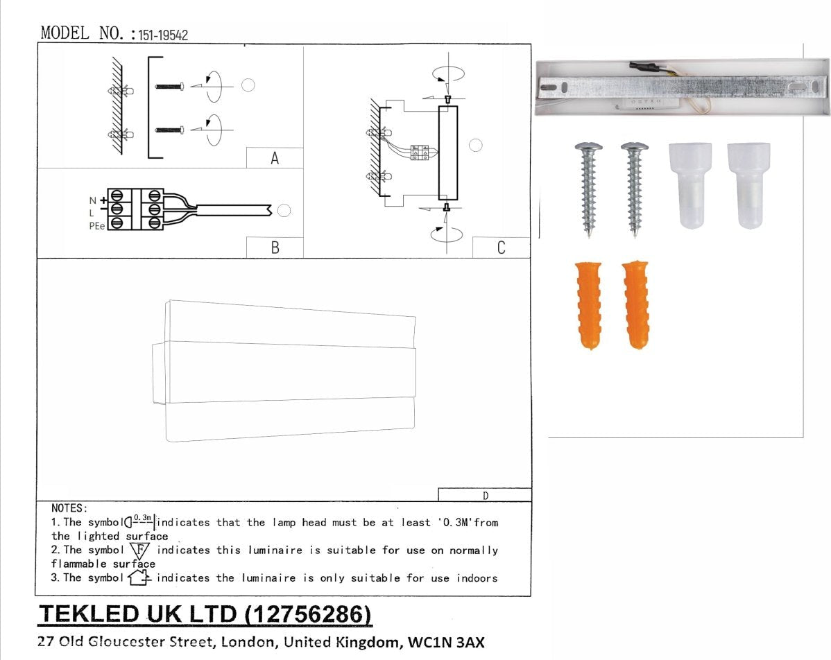 User manual for LED White Metal Acrylic Wall Light 12W Warm White 3000K | TEKLED 151-19542