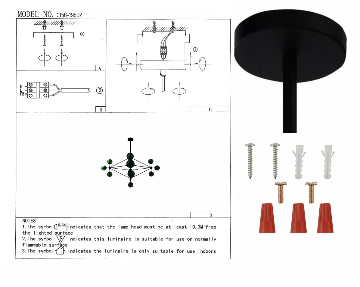 User manual for Molecule Shape Black Rod Metal Amber Glass Globe Chandelier with 13xE27 Fitting | TEKLED 156-19502