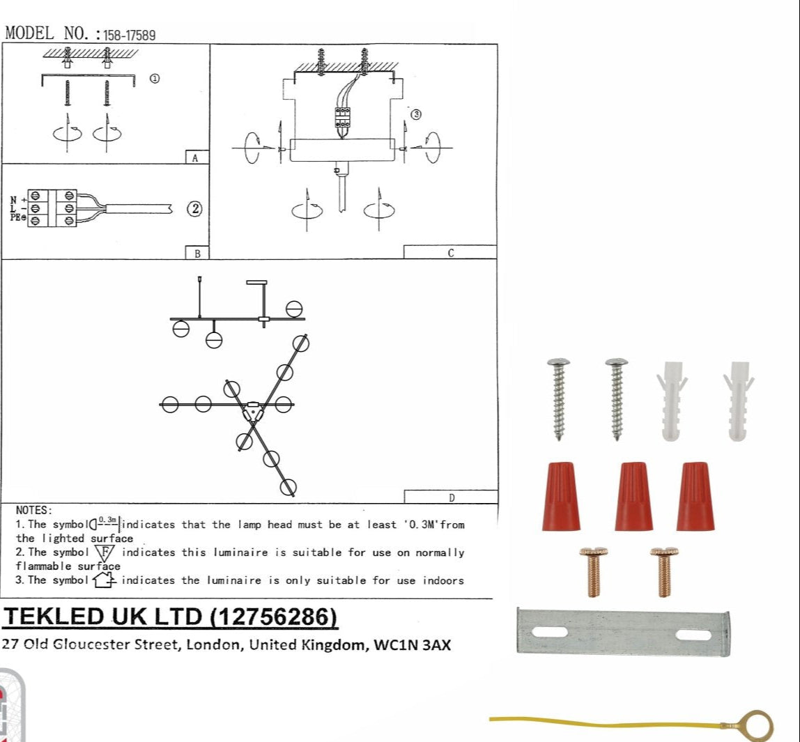 User manual for Opal Globe Glass Gold Black Metal Body Modern Nordic Chandelier with 9xG9 Fittings | TEKLED 159-17540