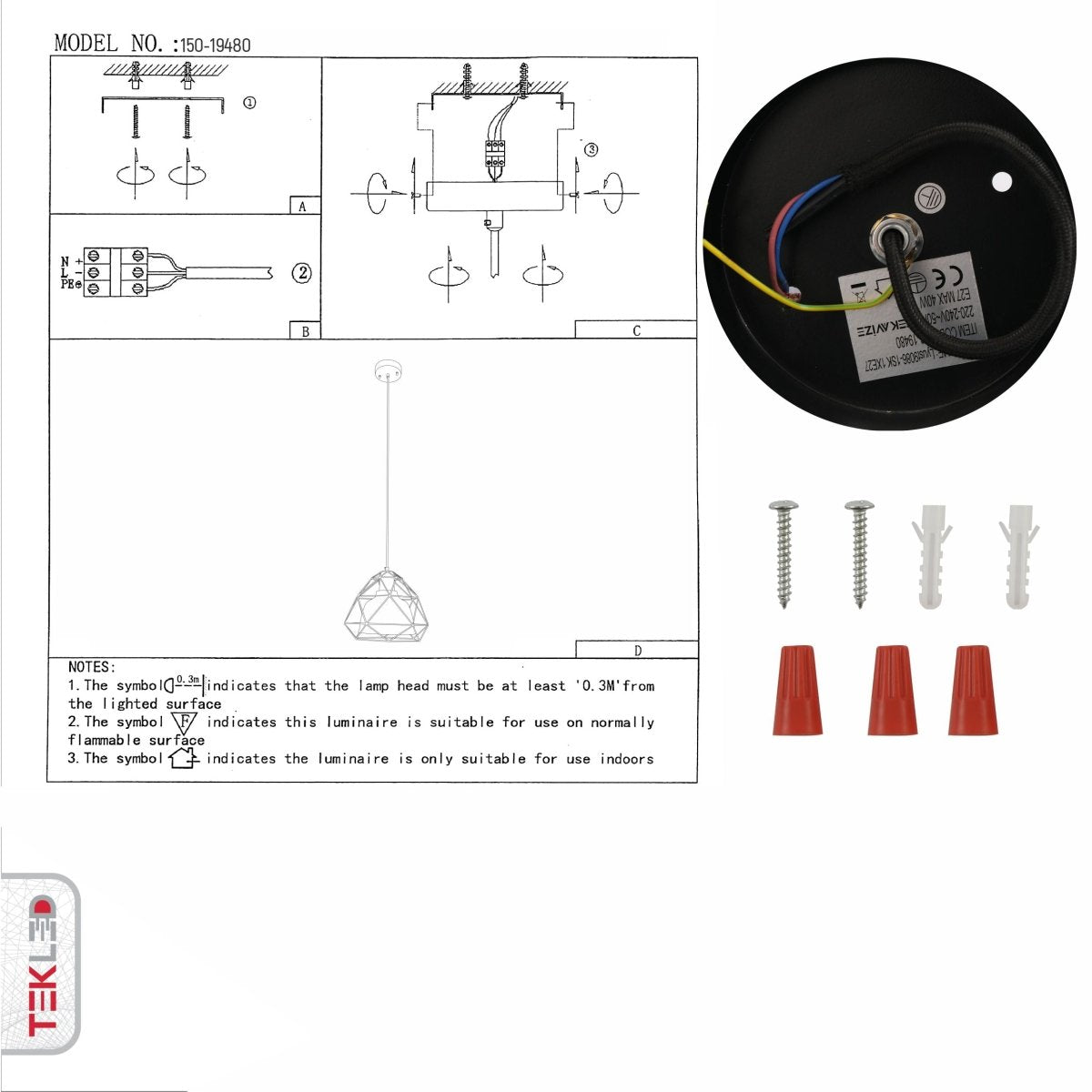 User manual for Smoky Glass Dome Black Metal Cage Pendant Light with E27 Fitting | TEKLED 156-19480