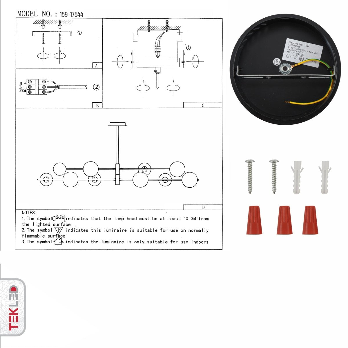 User manual for White Globe Glass Black Rod Body Ceiling Light Modern Sputnik Tiered Nordic Kitchen Island Chandelier with 10xG9 Fitting | TEKLED 159-17544