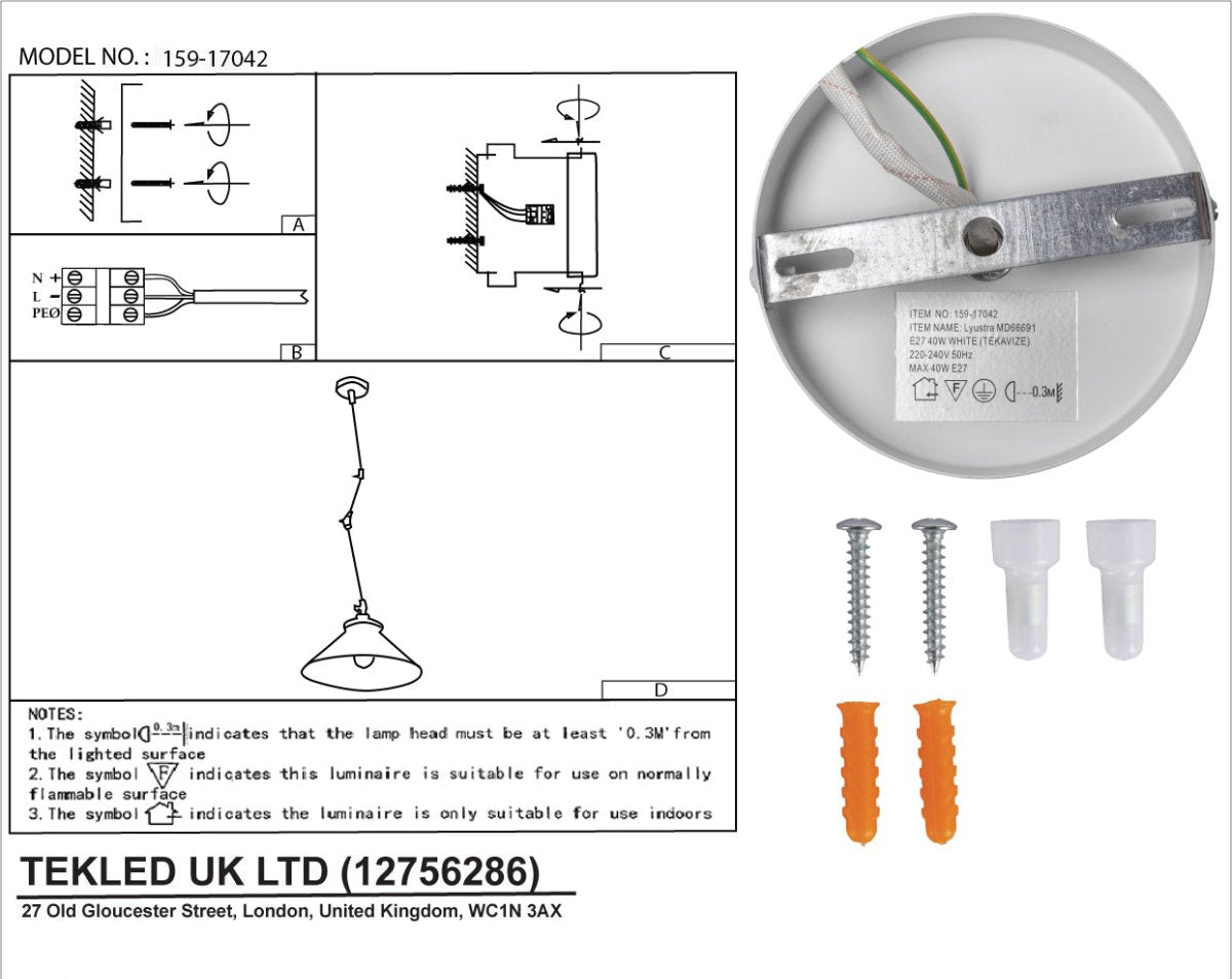 User manual for White Metal Hinged Funnel Ceiling Light with E27 Fitting | TEKLED 159-17042