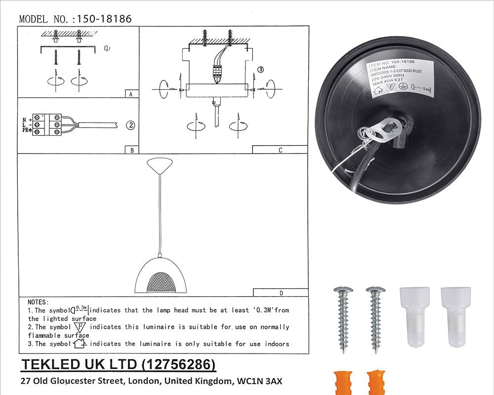 User manual and box content of rusty brown metal dome pendant light s with e27 fitting