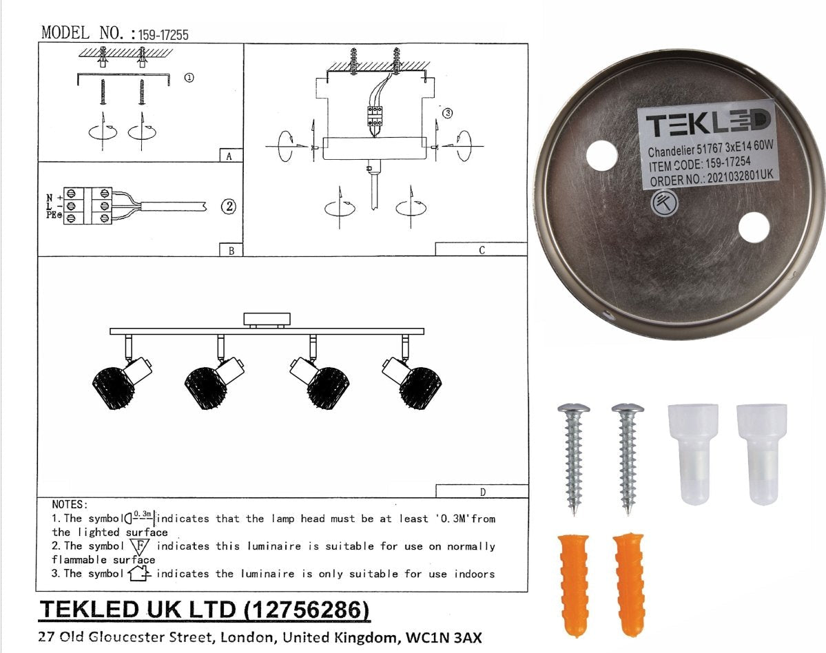 User manual and box content of silver nest matte nickel body semi flush ceiling light 4xe14