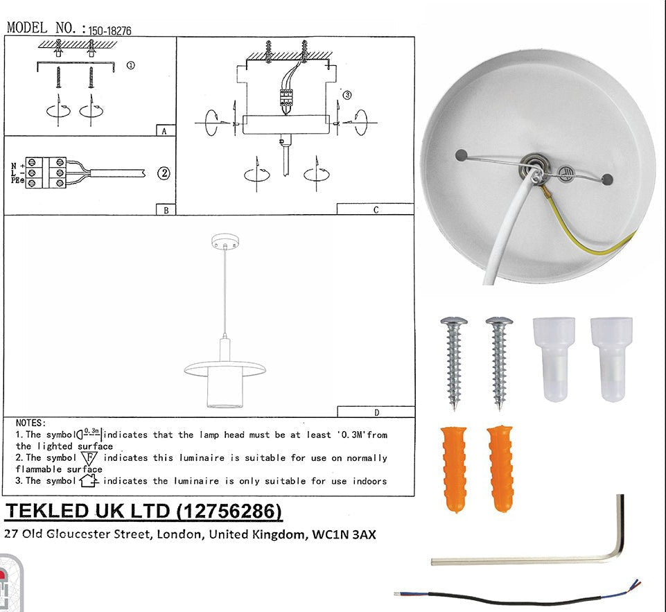 User manual and box content of white-golden metal caged flat pendant light with e27 fitting