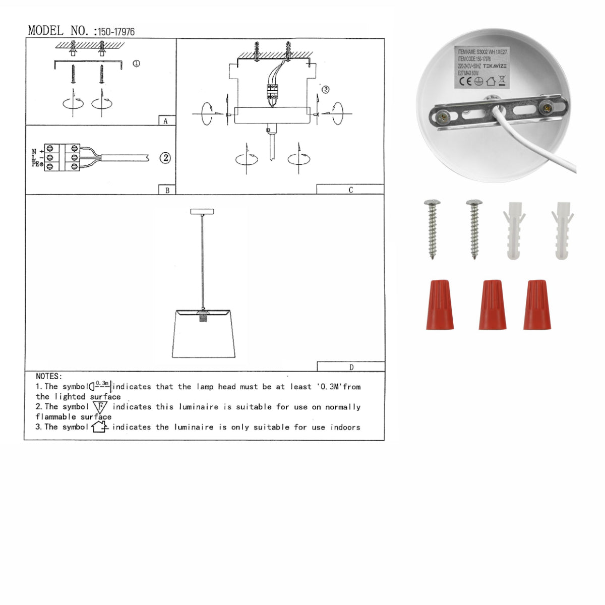 User manual for White Metal Flowered Frustum Pendant Ceiling Light with E27 | TEKLED 150-17976