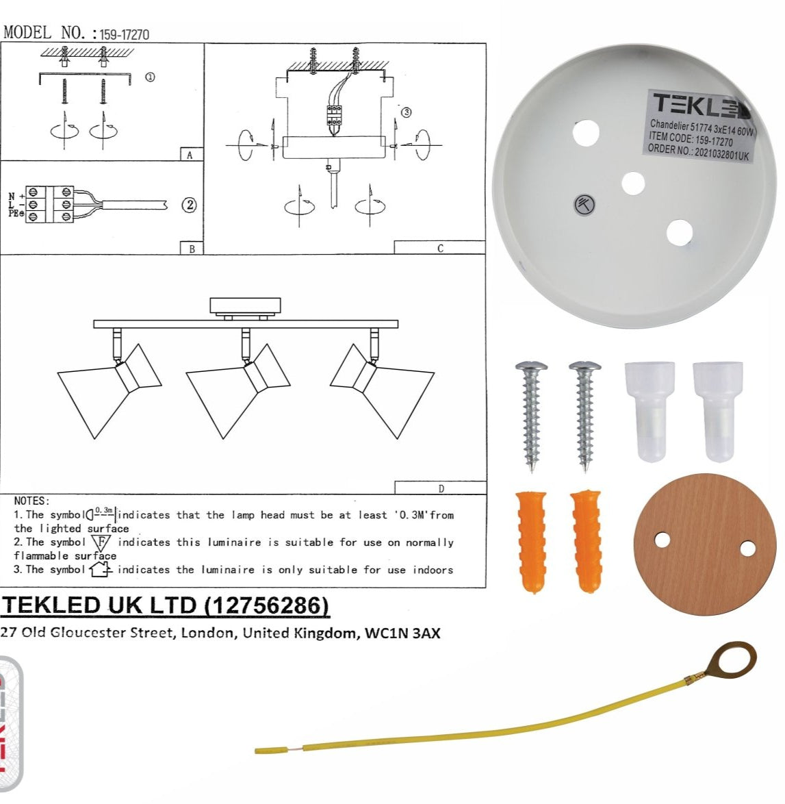 User manual and box content of white metal wood funnel semi flush ceiling light 3xe14