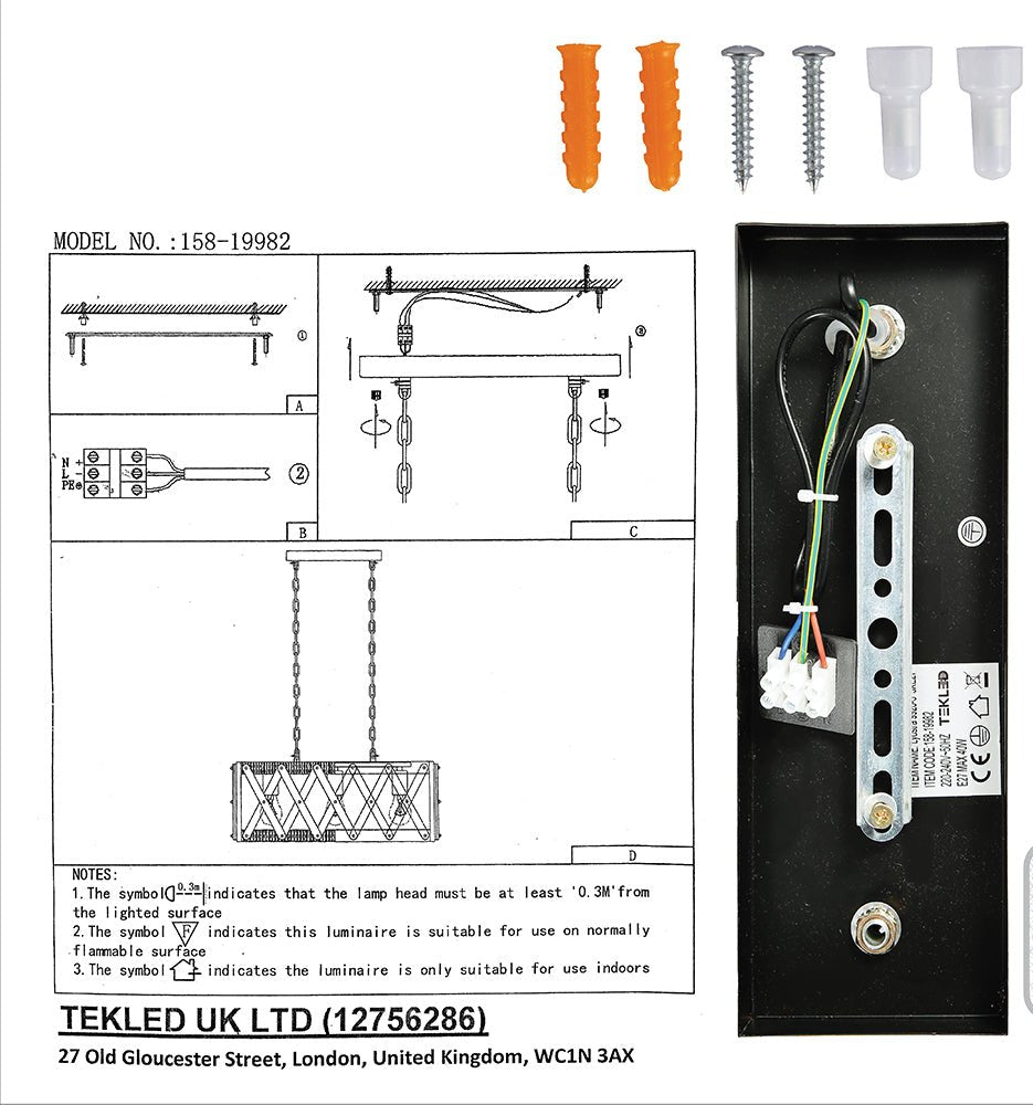 User manual and box content of wood black metal cuboid island chandelier with 3xe27 fitting